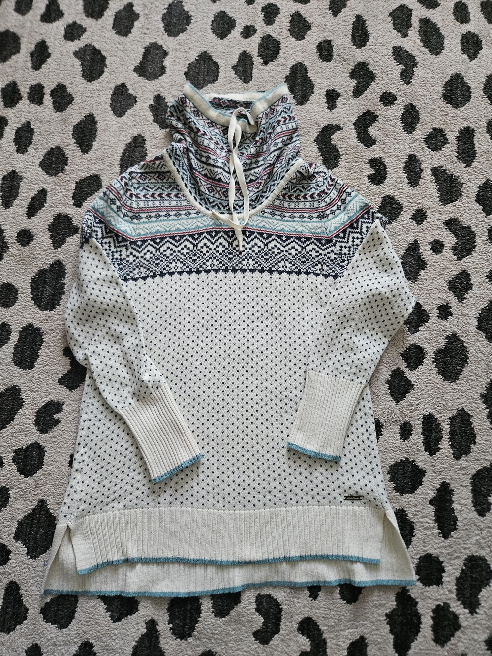 Eddie Bauer Cream Fair Isle Funnel Neck Sweater with Teal Trim